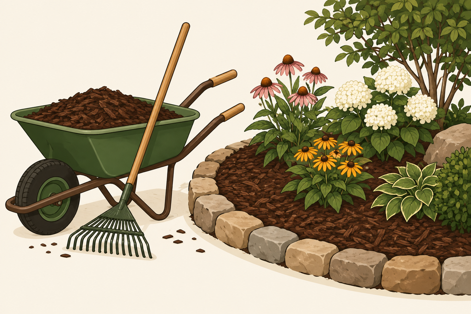 Garden tools and a wheelbarrow beside a freshly mulched flower bed
